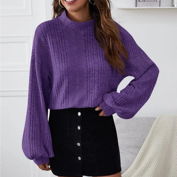 Rib-Knit Halter Neck Lantern Sleeve Sweater